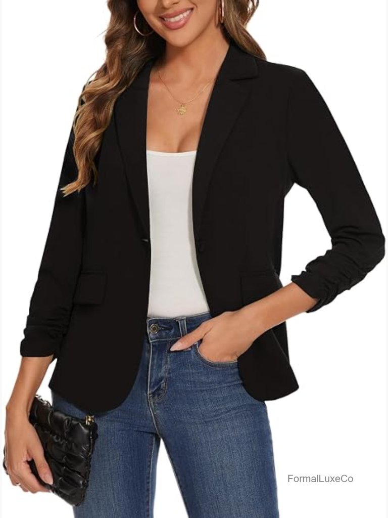 Casual Single Button Front Blazer Ruched 3/4 Sleeve Notched Lapel Office